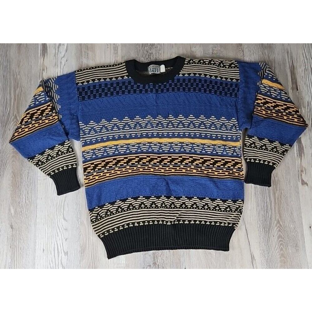 VTG 90s Sansabelt Sport L Pullover Cotton Knit Sweater Abstract USA bill cosby